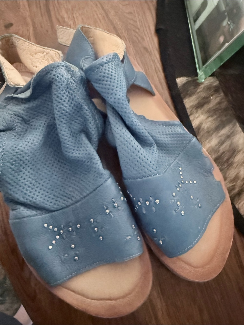 Miz Mooz Marnie Blue Perforated Slip-On Sandals with Stud Accents